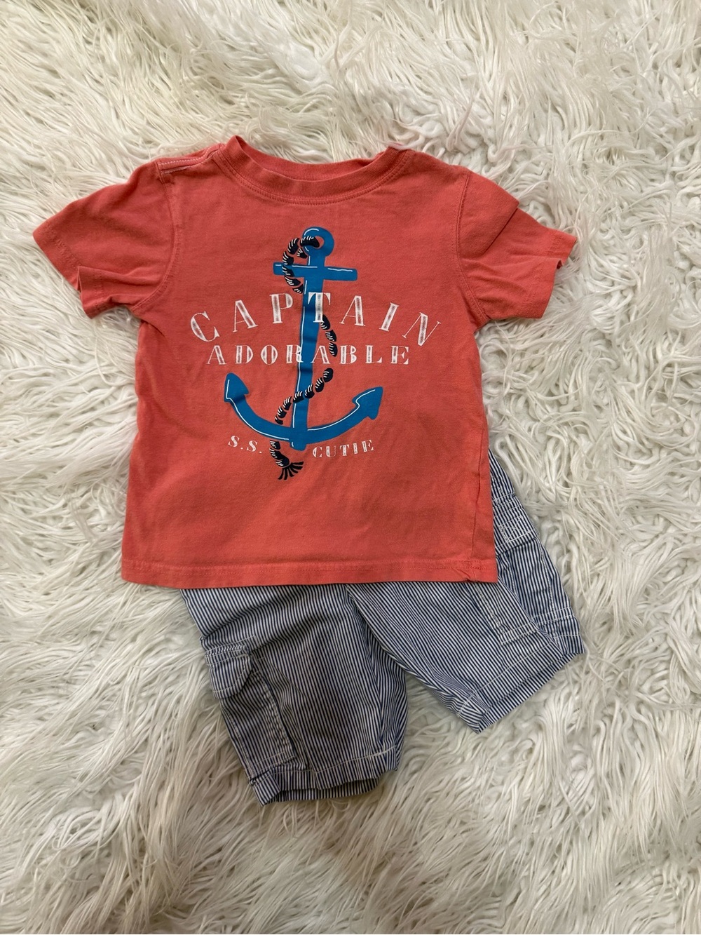 Carter's Coral Tee with Navy Anchor Graphic and Matching Short Set